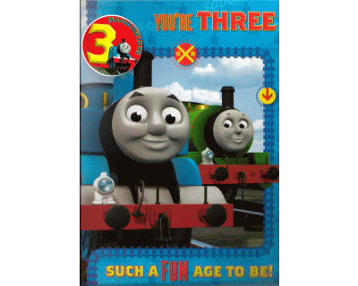 Thomas verjaardagskaart 3 jaar met badge(Engels)