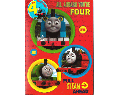 Thomas verjaardagskaart 4 jaar met badge (Engels)
